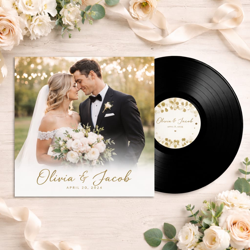 A custom wedding vinyl record of the audio guest book with a photo sleeve